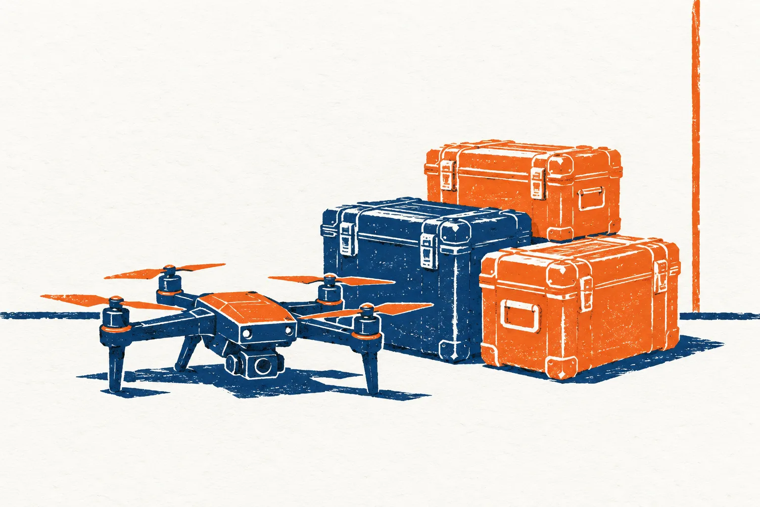 Een drone naast kisten met defensiematerieel in een opslagruimte