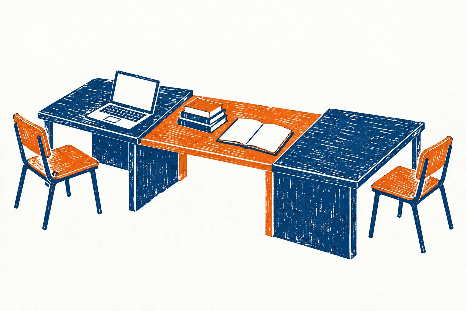 Twee studieplekken aan een gedeelde tafel verbeelden samenwerking en uitwisseling.