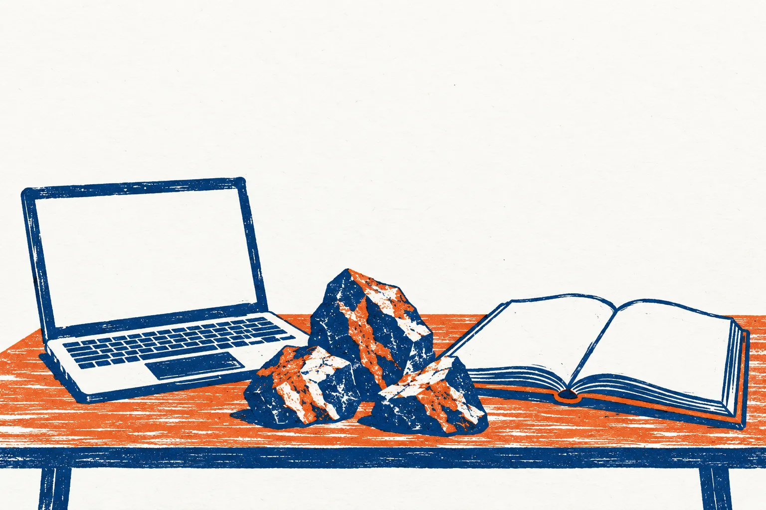 Laptop, grondstoffen en studieboek als beeld voor samenwerking aan technologie en onderzoek.