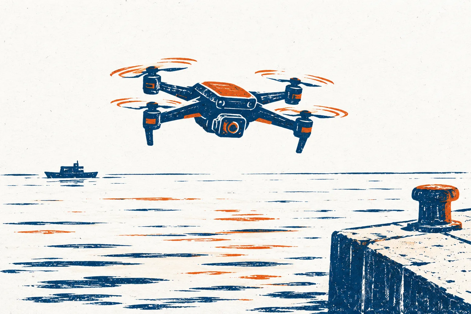Een drone boven het water bij een havenkade